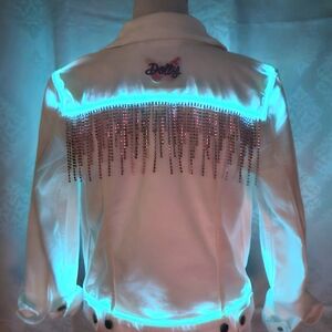 LED Light-Up Dolly Parton Tribute White Jacket with Rose Gold Rhinestone Fringe